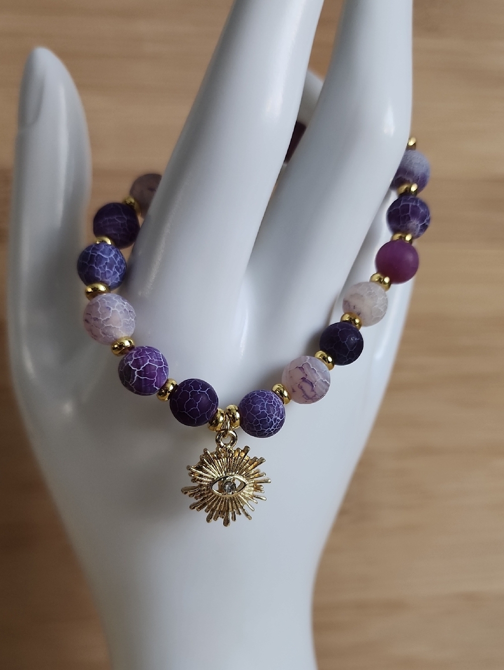🆕️Purple Fire Dragon Agate Beaded Bracelet with Gold Plated Sunburst Charm